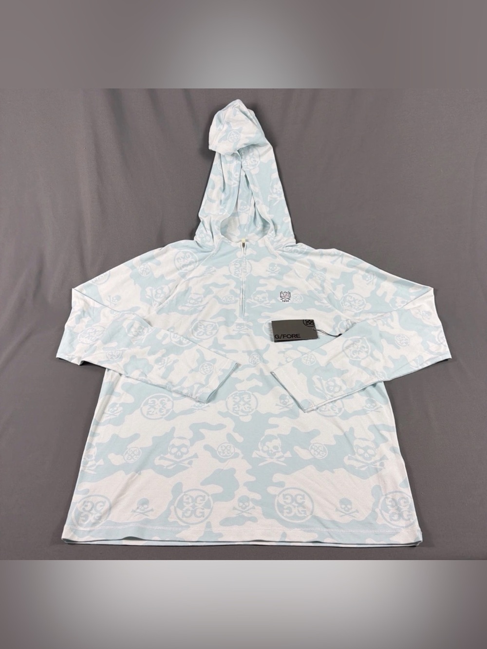 G/Fore G4 Golf Hoodie Chest Logo Camo Skulls Tees Print Large Blue NWT MSRP $155